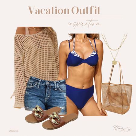 This vacation outfit inspiration includes a blue two piece bathing suit paired with a nude crochet top and denim shorts. I’ve added a tan beach bag, gold layered necklace, and brown sandals to complete the look. 

Vacation style, resort wear, ootd, tall friendly fashion, Amazon fashion 

#LTKstyletip #LTKfindsunder50 #LTKtravel