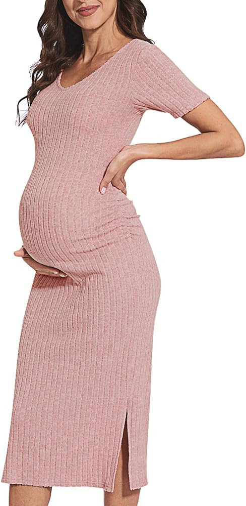 V Neck Side Ruch Knit Ribbed Maternity Bodycon Dress，Maternity Dress for Baby Shower | Amazon (US)