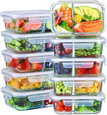 Bayco 10 Pack Glass Meal Prep Containers 2 Compartment, Glass Food Storage Containers with Lids, ... | Amazon (US)