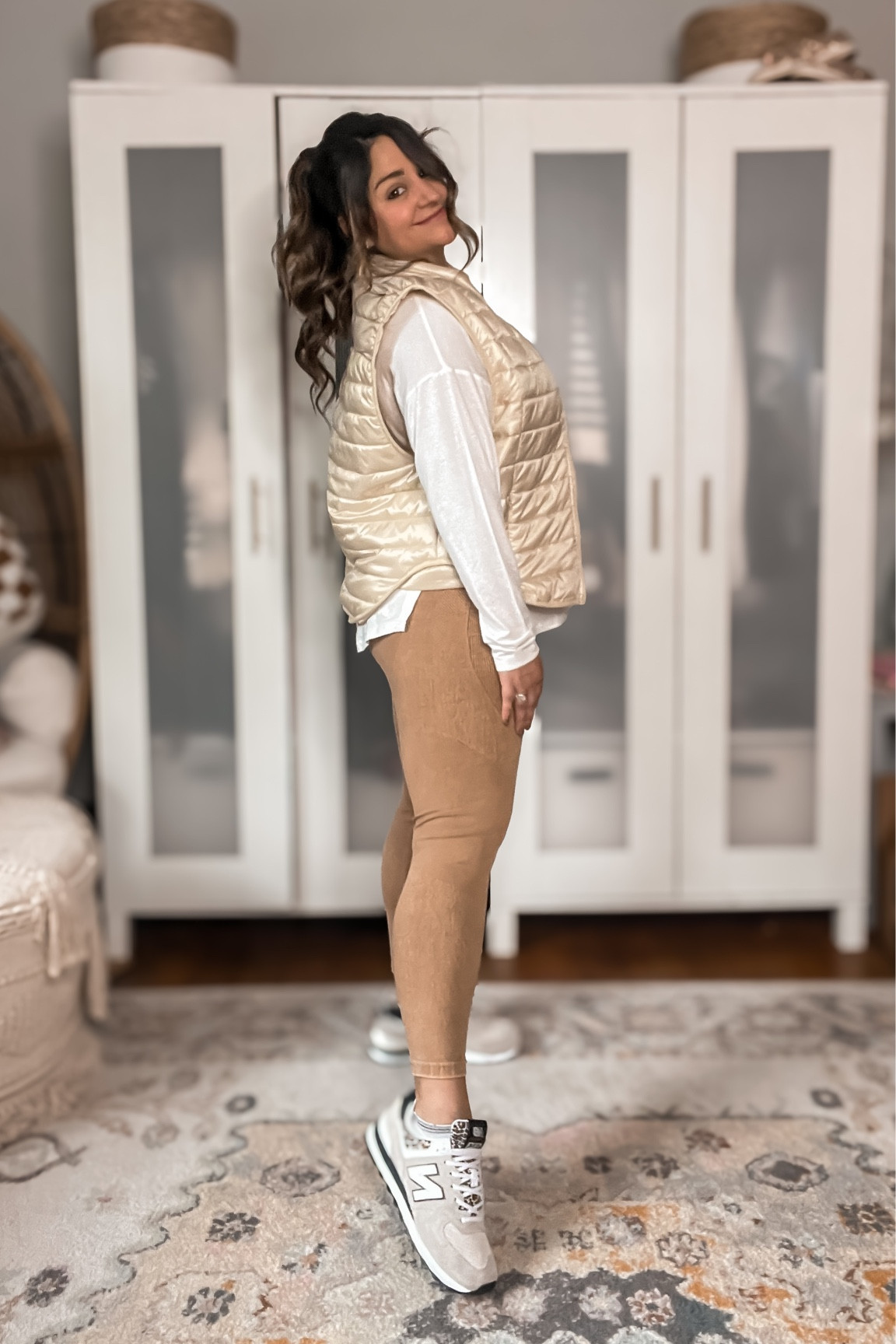 She’s comfy and she’s cute!

Love these lab joy leggings from target and such a cute color! Paired with THE perfect long sleeve shirt to wear with leggings since it covers your bum just enough! Add a puffer vest for chillier days! Also love the leopard print new balance!

Comfy outfit
Leggings outfit
Target style
Brown leggings
Neutral outfit
Puffer vest
Sneakers
Comfy casual 
Travel outfit

#LTKtravel #LTKmidsize #LTKfitness