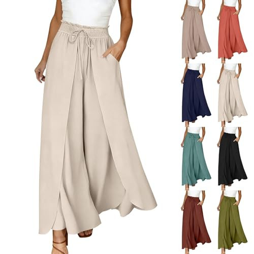 GTEYOIJN Wrap Pants Women Womens Wide Leg Pants Boho Casual High Waist Drawstring Flowy Wrap Yoga Pant 2026 Summer Beach Loose Fold Over Palazzo Trousers Beige | Amazon (US)