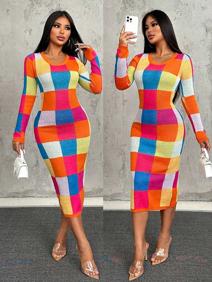 SHEIN VaVaLuxe New Sexy Skinny Casual Multicolor Checkerboard Checkered Round Neck Long Sleeve Ma... | SHEIN