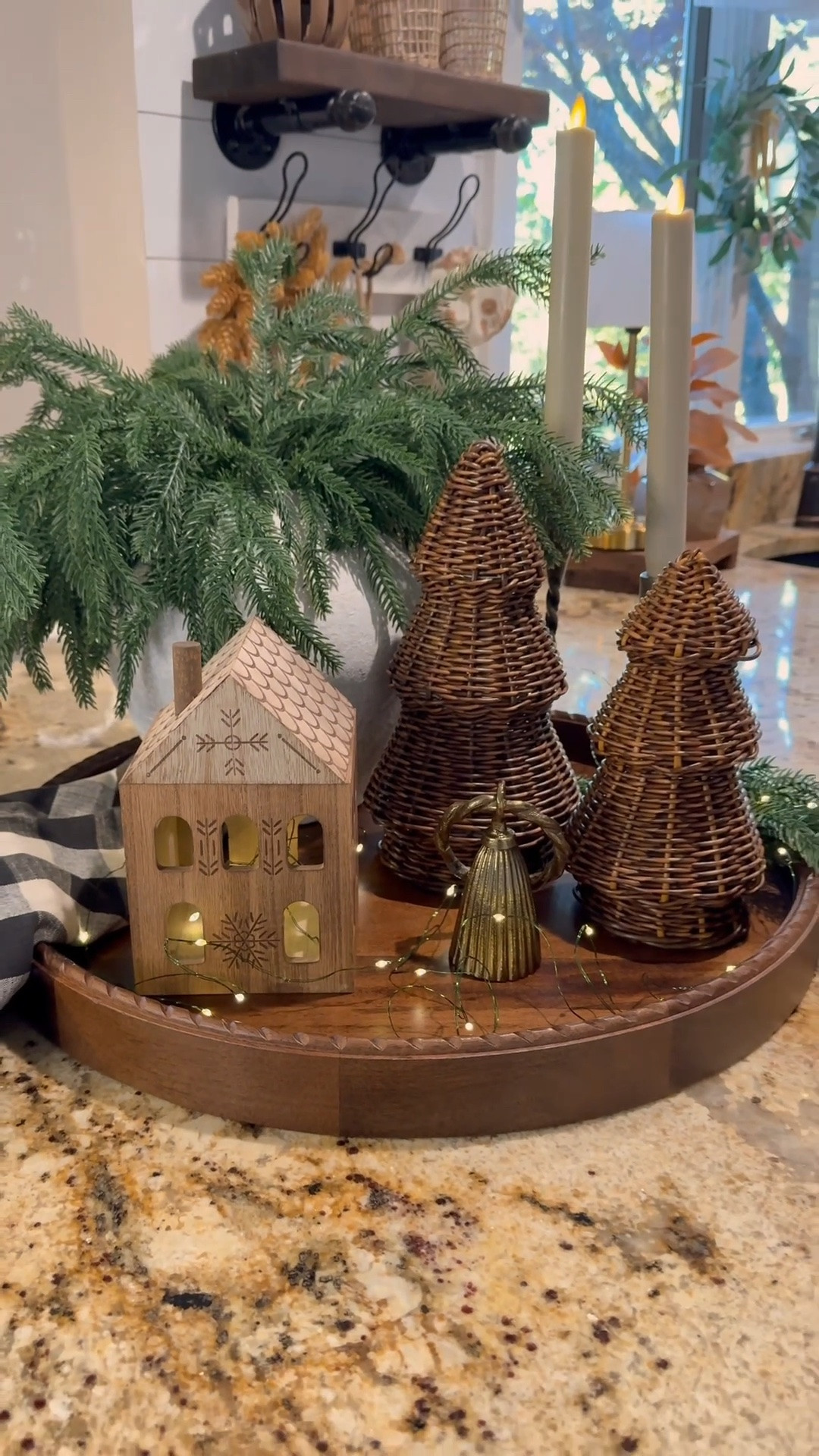 ✨🌲 Christmas/Winter Tray

Follow @farmtotablecreations on Instagram for more cozy neutral styling ideas.

Norfolk stems, flameless tapers, rattan trees and a wooden house create a cozy seasonal tray. A checkered towel adds warmth and texture—perfect for your kitchen island or countertop!

#christmasdecor #neutralchristmas #traystyling #kitchendecor #amazonhome