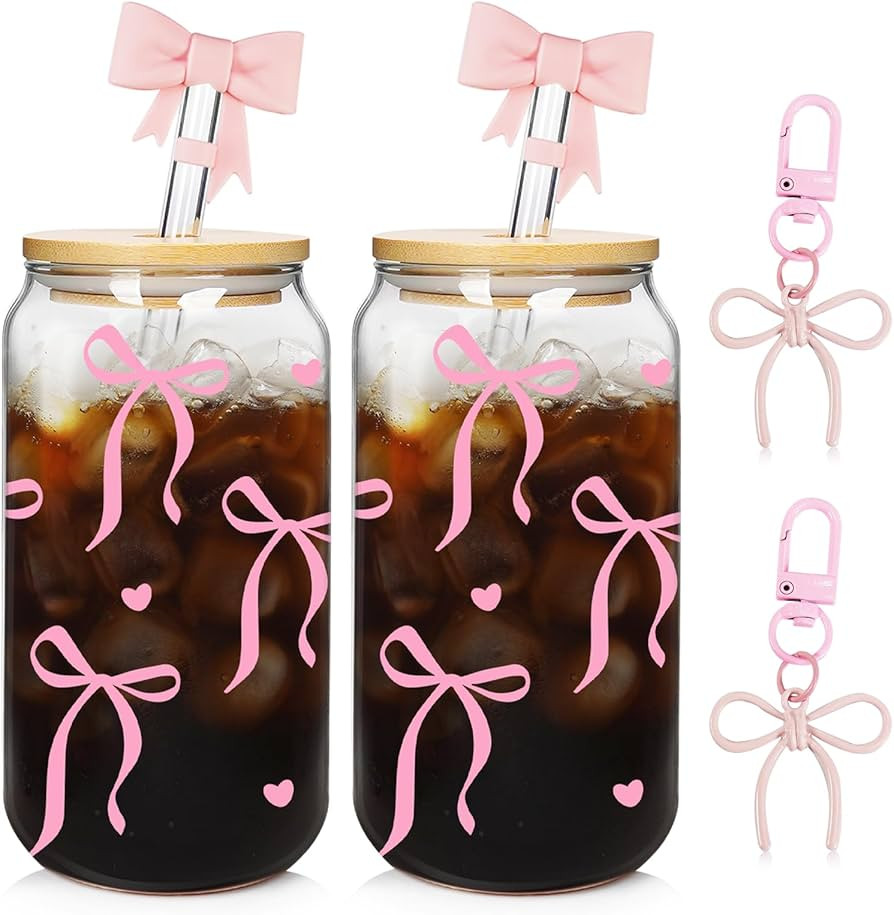 Mason Life Coquette Pink Bow Cute Glass Cups with Lids and Straw 2Pack 18OZ Cute Tumbler Glass Cu... | Amazon (US)
