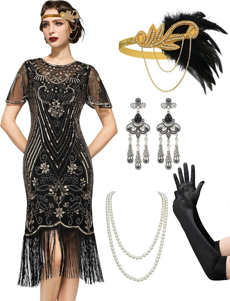 SWEETV Great Gatsby Lace Neck Flapper Dress - 1920s Dress for Women With Sleeve - Roaring 20s Cos... | Amazon (US)