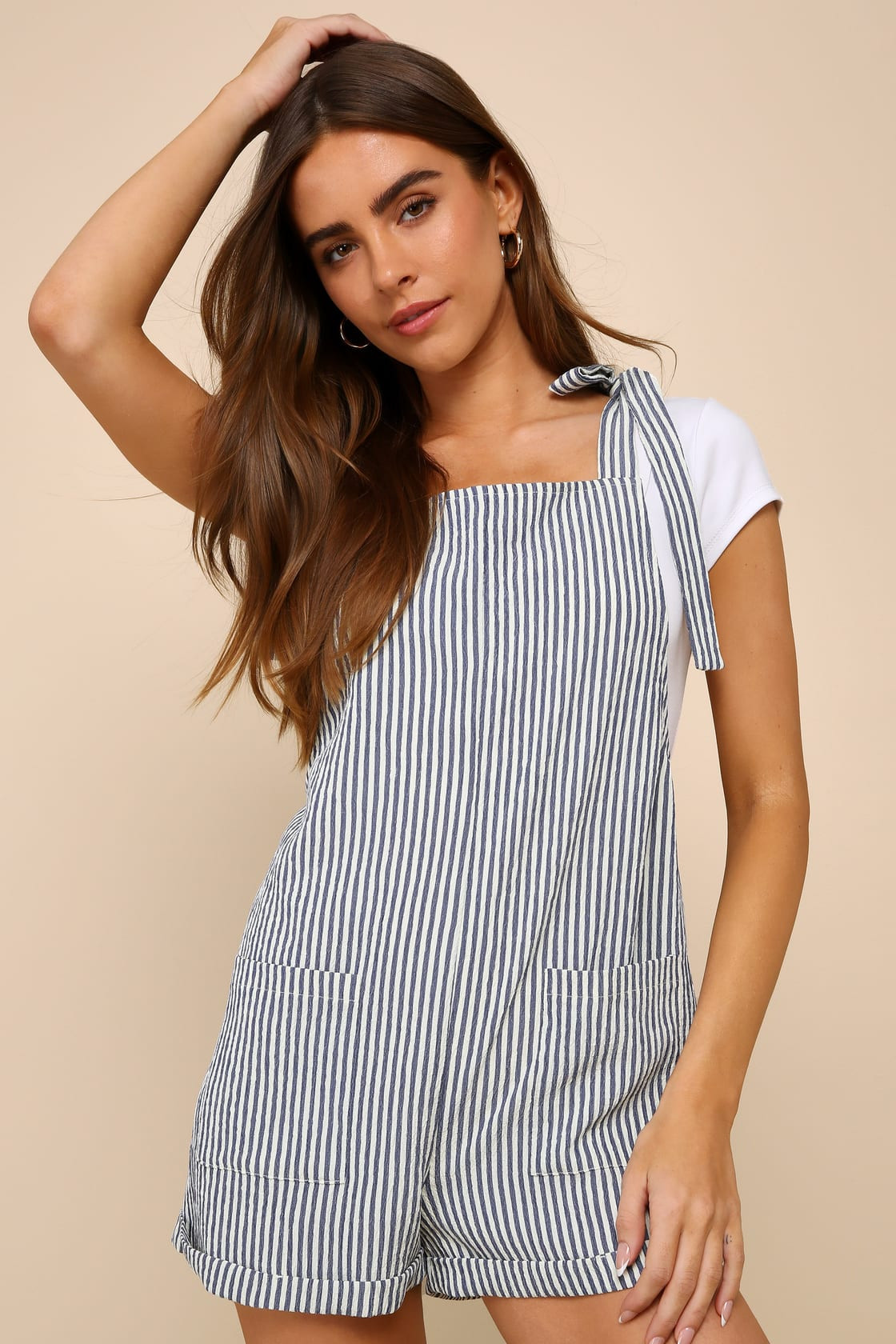 Effortlessly Flirty White and Blue Striped Tie-Strap Romper | Lulus