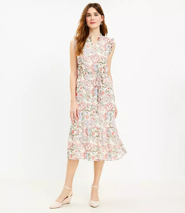 Floral Ruffle Sleeveless Midi Dress | LOFT