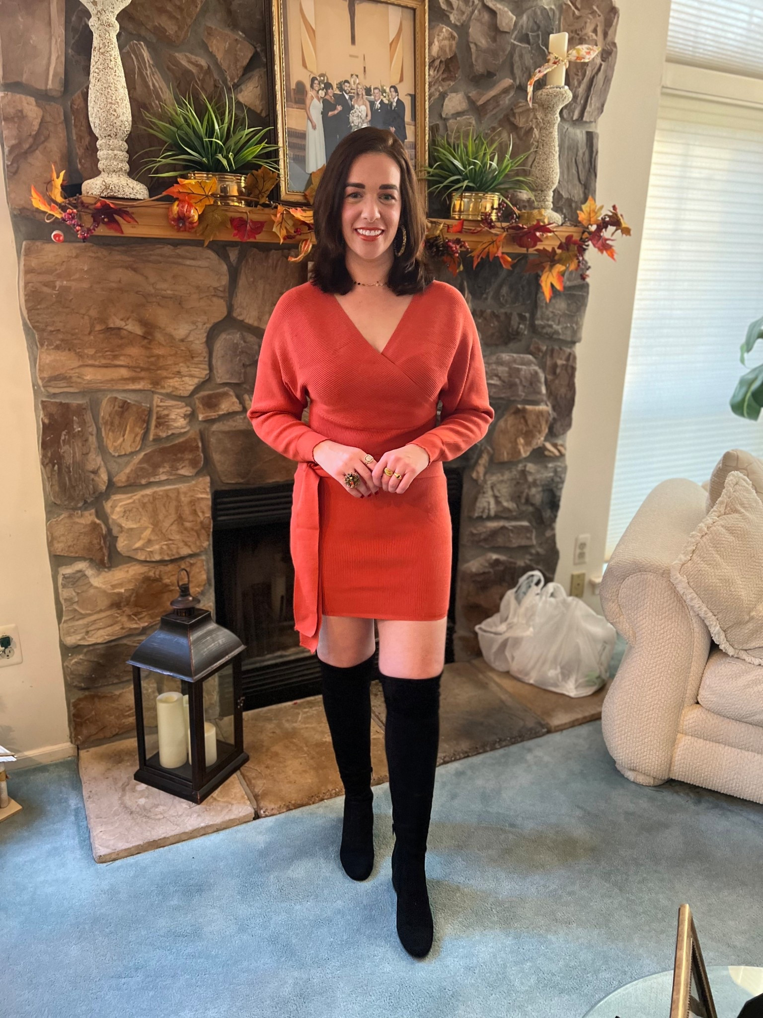 Orange vneck sweater dress (small). Black suede over the knee boots (8.5). #sweaterdress #dress #dresses #orangedress #boots #suedeboots #blackboots #overthekneeboots #suedeboots #thanksgivingoutfit Thanksgiving 

#LTKSeasonal #LTKFindsUnder100