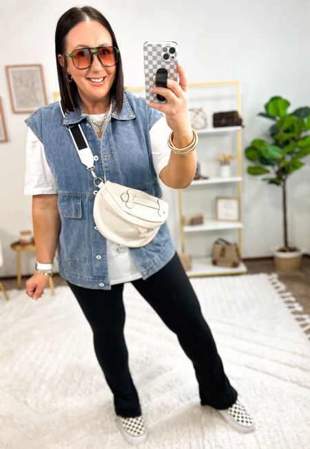 Casual mom life outfit!  I’ll be wearing this one on repeat!  One of my favorite vests from Amazon, I just had to grab it in this medium denim wash!  XL in mine. XL tee. XL tank layered underneath. XL leggings. Vans fit tts  

#LTKSeasonal #LTKMidsize #LTKFindsUnder50