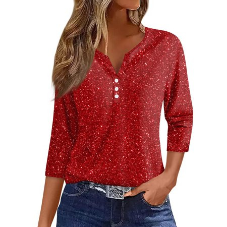 Ovticza Formal Tops for Women Christmas Party V Neck Christmas Tops 3/4 Sleeve Sequin Bling Christmas Tops for Women T Shirt Red S | Walmart (US)