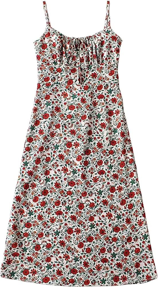 Omoone Womens Floral Dress Low-Cut Square Neck Spaghetti Strap Tie Bodycorn 90s Y2k Sun Dresses | Amazon (US)