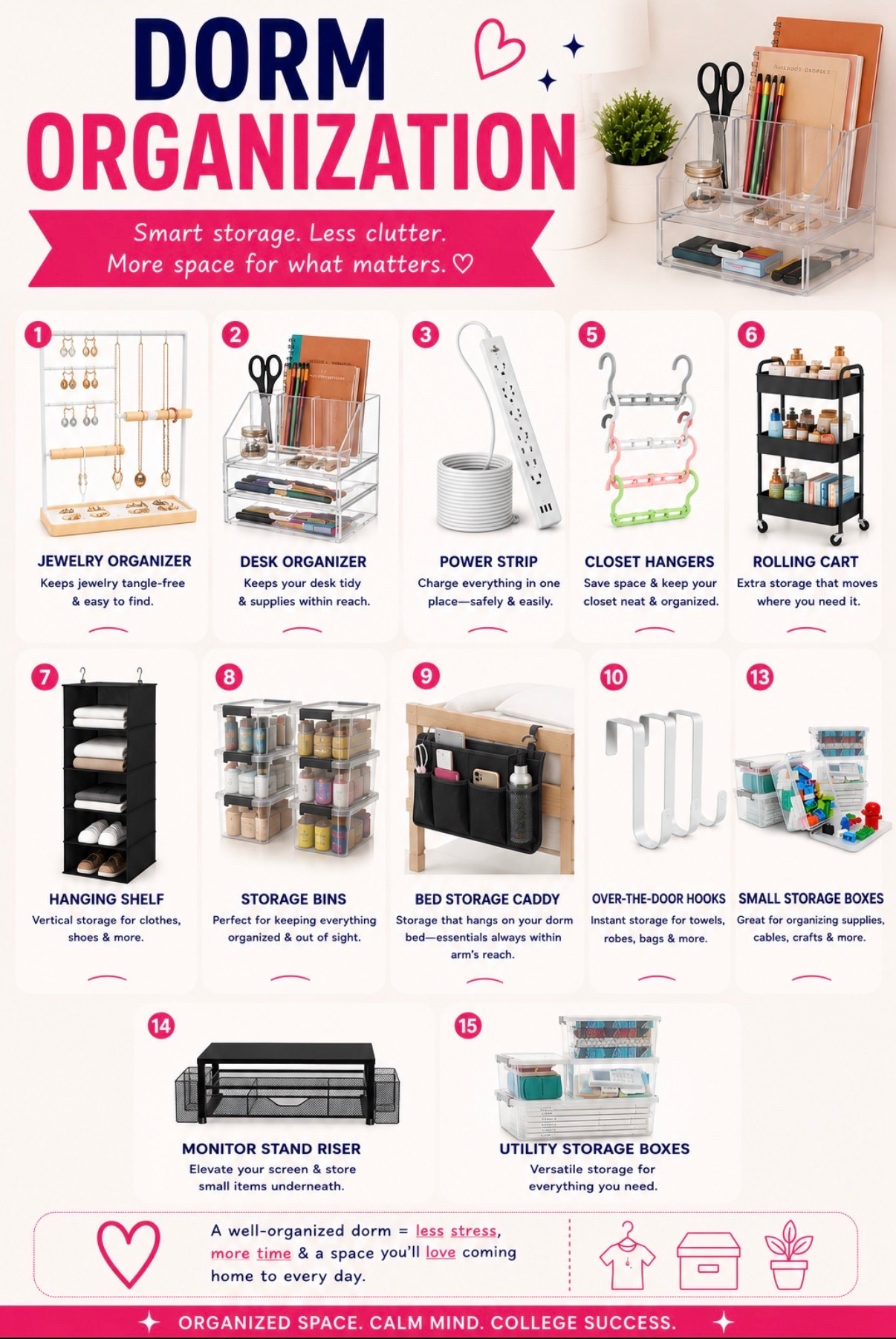Dorm organization doesn’t have to be expensive—it just has to be smart. 🙌✨ These are the organization products that save the most space in a dorm room, keep everything within reach, and make move-in so much easier.

From bed caddies and storage bins to rolling carts, power strips, hanging shelves, and desk organizers, these are the essentials every college student will thank themselves for buying.

📌 Save this checklist now and grab your favorites before Prime Day deals disappear!

💗 Which dorm organizer could you not live without?

#DormOrganization #DormEssentials #CollegeEssentials #DormRoomIdeas #CollegeMoveIn