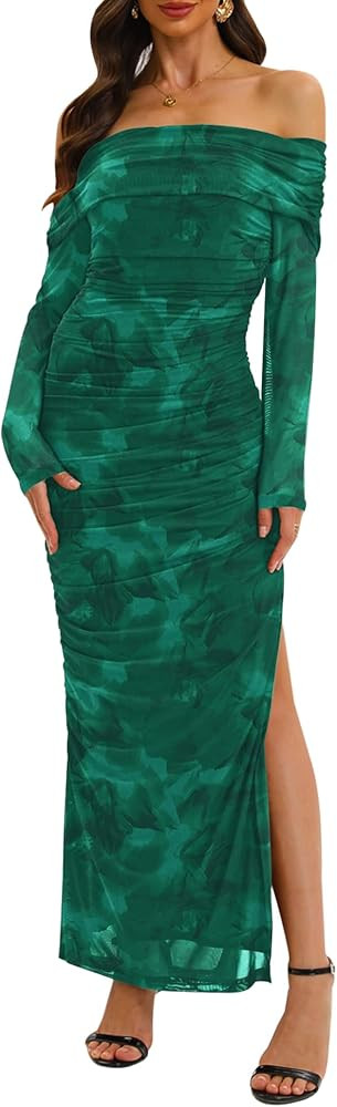 Relipop Women Off Shoulder Dress Long Sleeve Bodycon Mesh Ruched High Split Spring Formal Wedding... | Amazon (US)