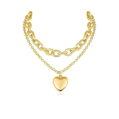 Stringex Chunky Layered Gold Heart Pendant Necklaces for Women Double Layer Heart Chain Choker Necklaces Adjustable Thick Love Link Necklaces Jewelry Gifts (Gold) | Amazon (US)