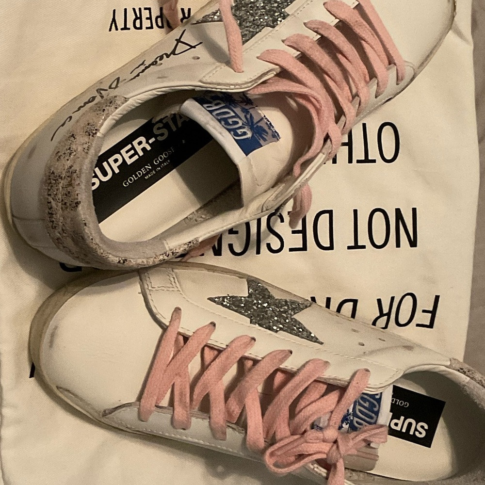 Golden Goose White Sneakers with Pink Laces and Silver Star | Poshmark