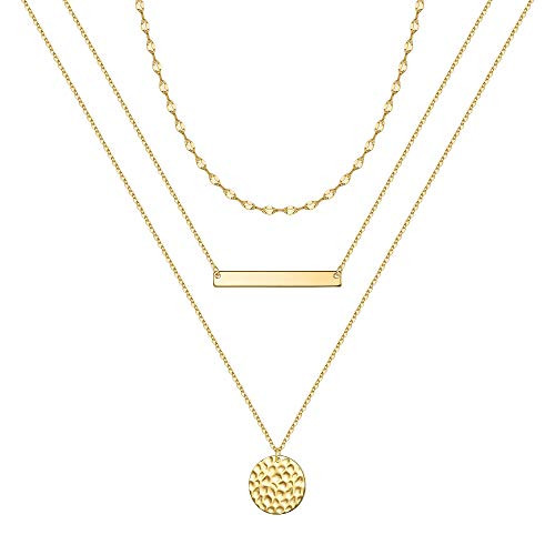 Turandoss Gold Layered Necklaces for Women - 14K Gold Plated Disc Bar Dainty Handmade Hammered Layered Necklaces for Women | Amazon (US)