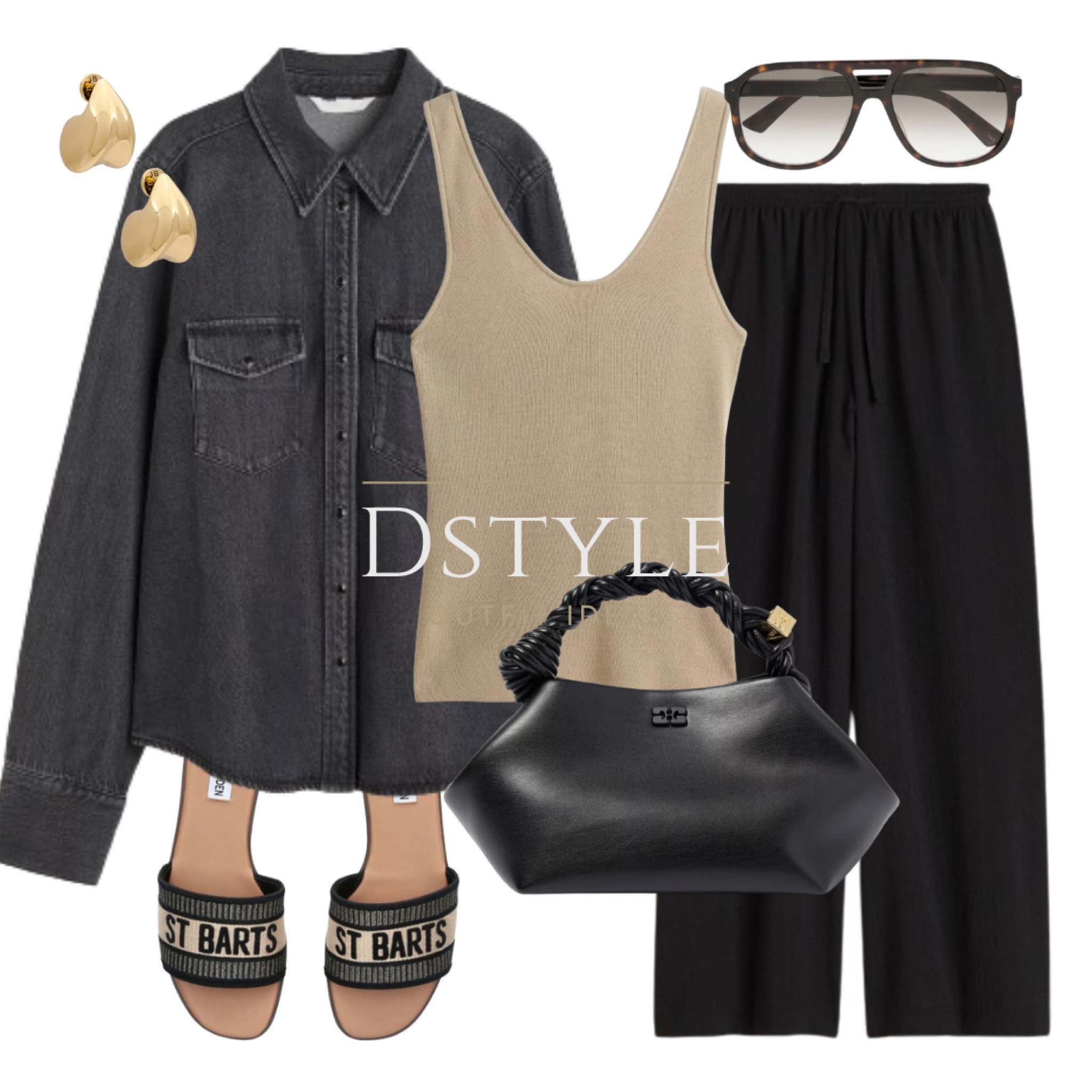 Dark grey denim shirt, black pull-on trousers, beige knitted top, leather bag, slide sandals, sunglasses, Ganni, Steve Madden, ootd, spring style, comfy look

#LTKshoecrush #LTKfindsunder50 #LTKitbag