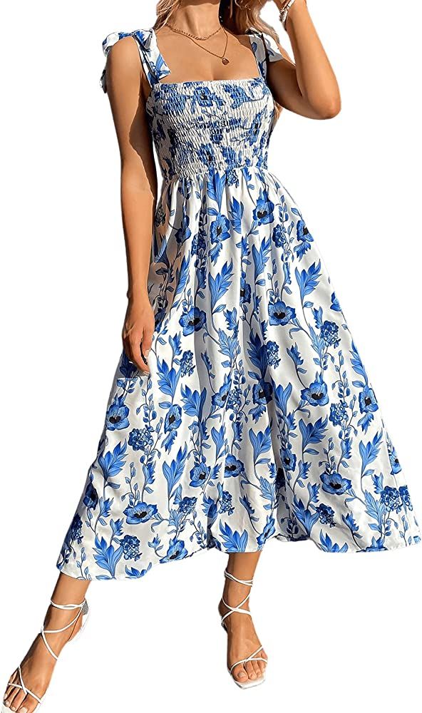 Floerns Women's Summer Boho Floral Print Tie Strap A Line Long Maxi Dress | Amazon (US)