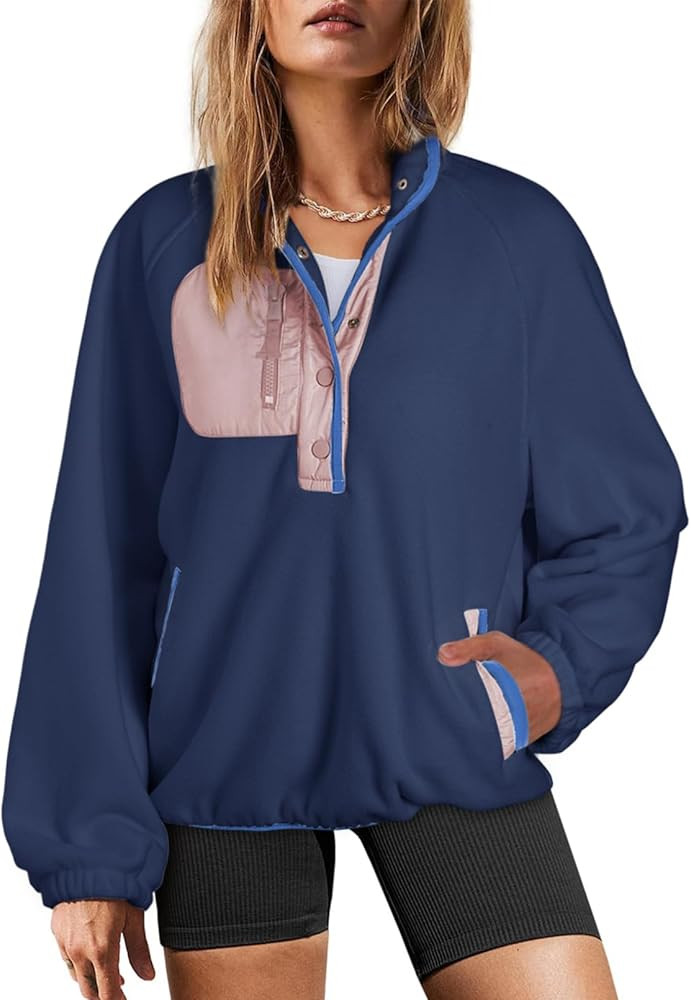 Dokotoo Sweatshirt for Women Oversized Fuzzy Fleece Jacket Color Block Button Long Sleeve Pullove... | Amazon (US)