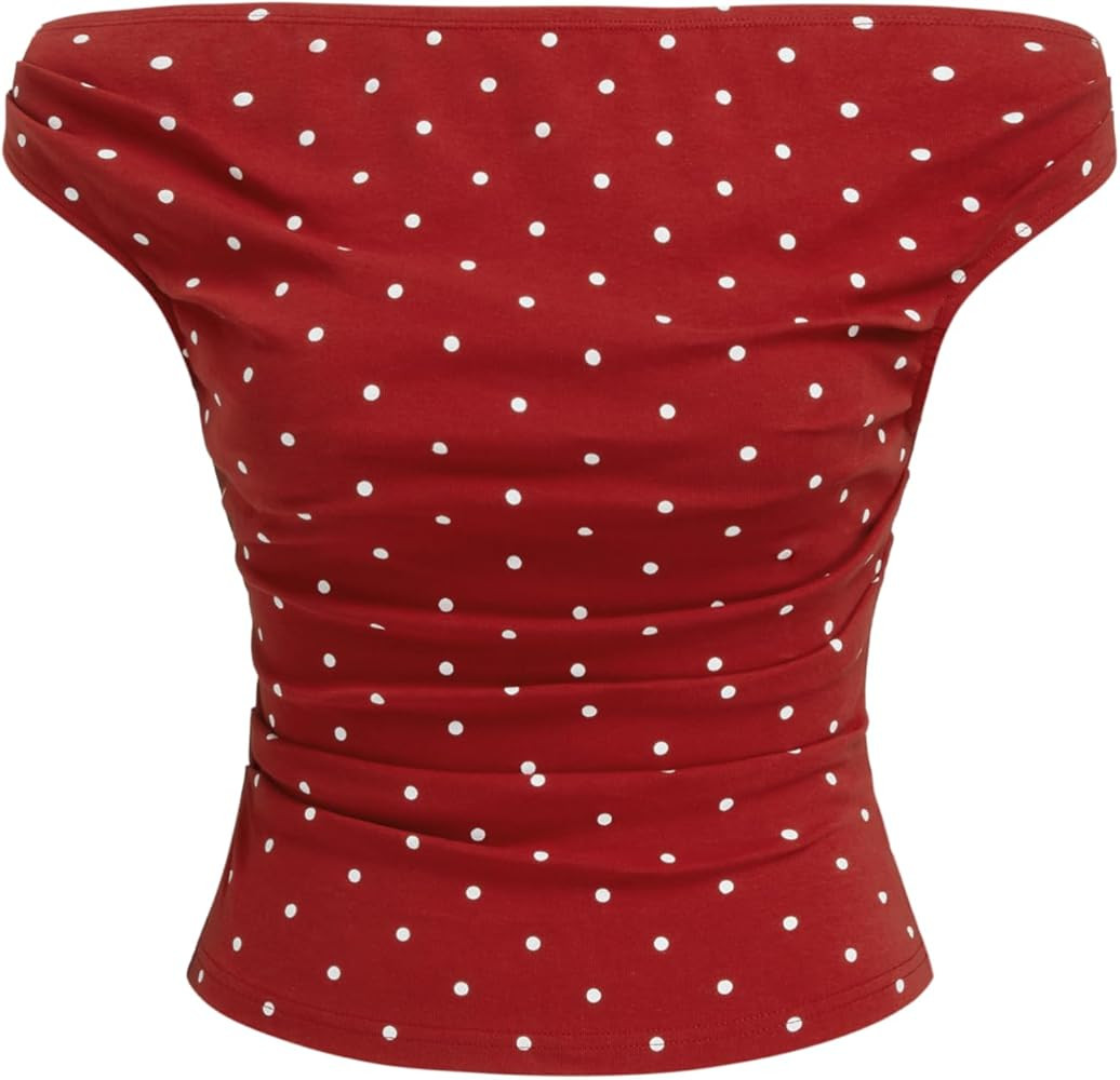 CIDER Tank Tops for Women Off The Shoulder Polka Dot Ruched Knit Top Cute Short Sleeve Going Out ... | Amazon (US)