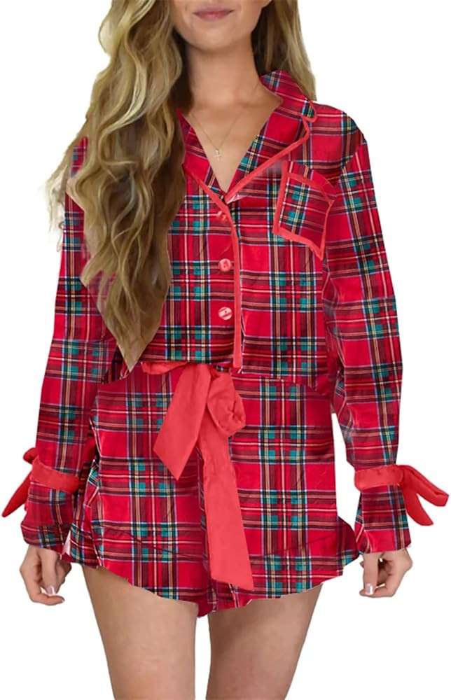 Faretumiya Conjunto de pijama de satén de seda para mujer, conjunto de pijama de manga larga con... | Amazon (US)