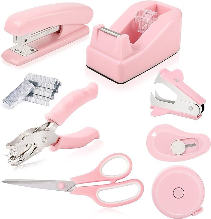 GTOTd Pink Desk Accessory Kit Includes Desktop Staple,Stapler Remove,Single Hole Punch,Tape Dispe... | Amazon (US)