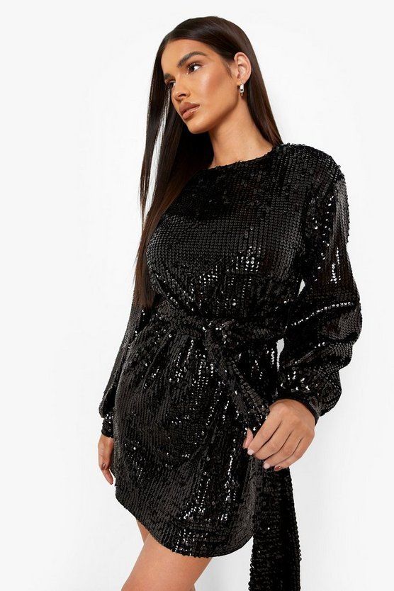 Sequin Belted Blouson Sleeve Mini Dress | Boohoo.com (US & CA)