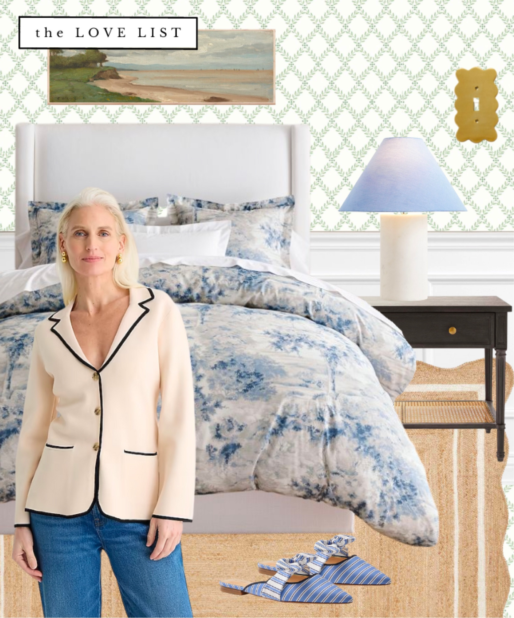 Bedroom Decor // A blue toile duvet cover sets the tone for this preppy coastal bedroom. Trellis wallpaper, cane nightstand, scallop hardware light switch, scallop rug, marble table lamp, sweater blazer, and striped bow mule flats. 

#LTKstyletip #LTKhome