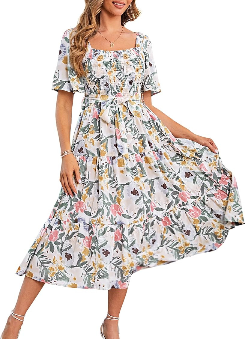 Amegoya Women's Boho Flowy Long Sleeve Square Neck Maxi Dress Fall Wedding Guest Dresses | Amazon (US)