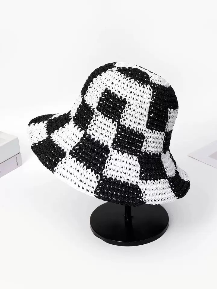 1pc Women Checkered Pattern Boho Straw Hat For Summer | SHEIN