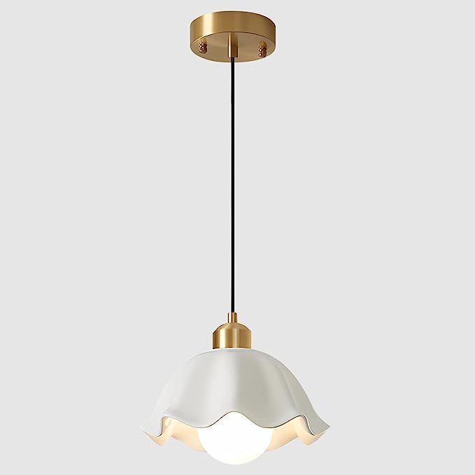 Mini Pendant Light Retro White Wave Ceramic Lampshade Minimalist Style Ceiling Hanging Lamp Brass... | Amazon (US)