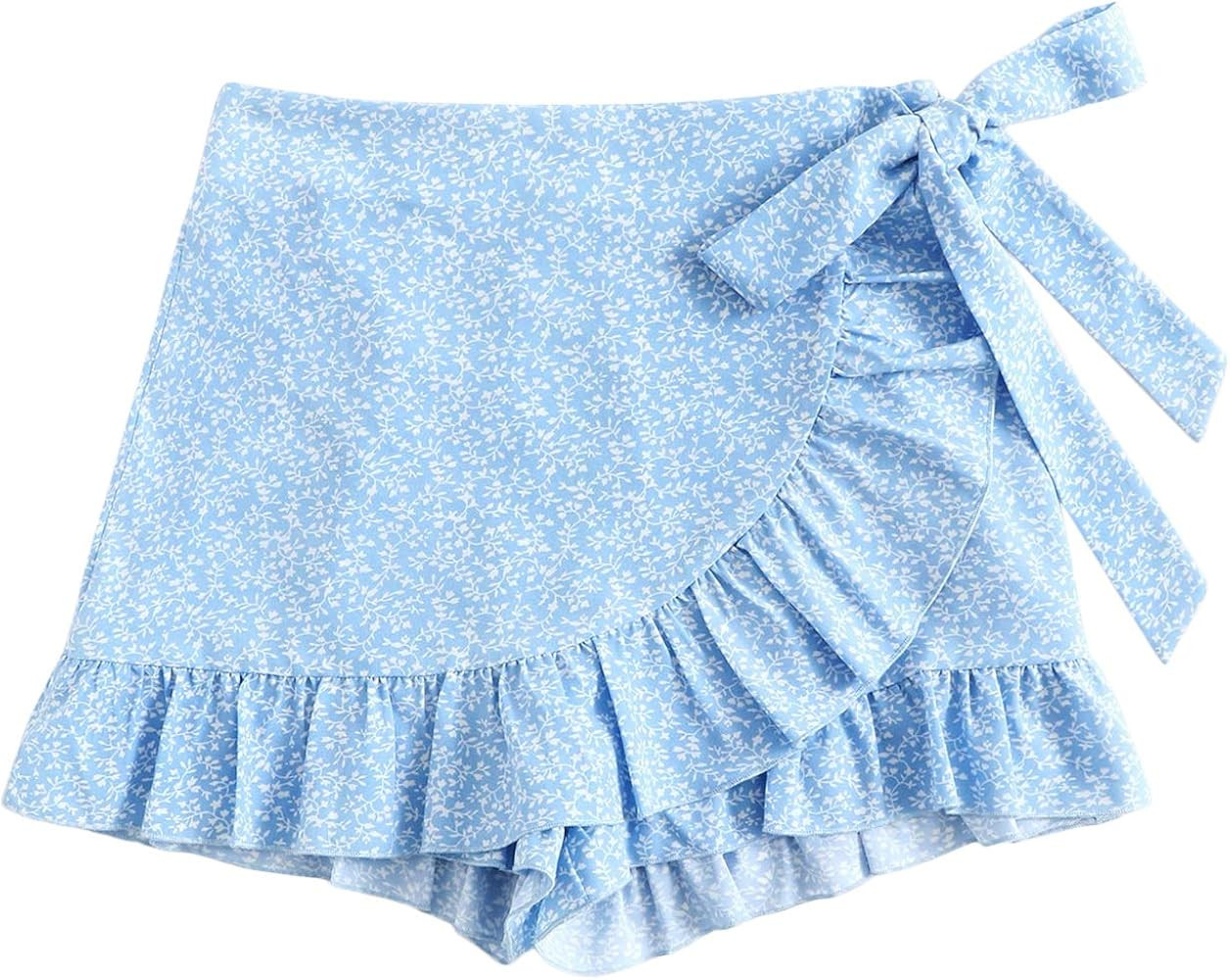 MakeMeChic Women's Boho Floral Print Elastic Waist Ruffle Wrap Tie Skorts Skirt Skorts | Amazon (US)