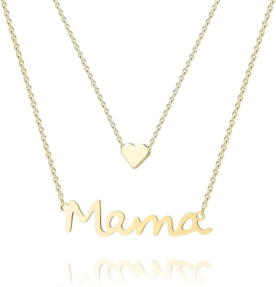 BUREI Mama Necklace Dainty Necklace Adjustable MaMa Necklaces for Women,14K Plated Tiny Heart Nec... | Amazon (US)