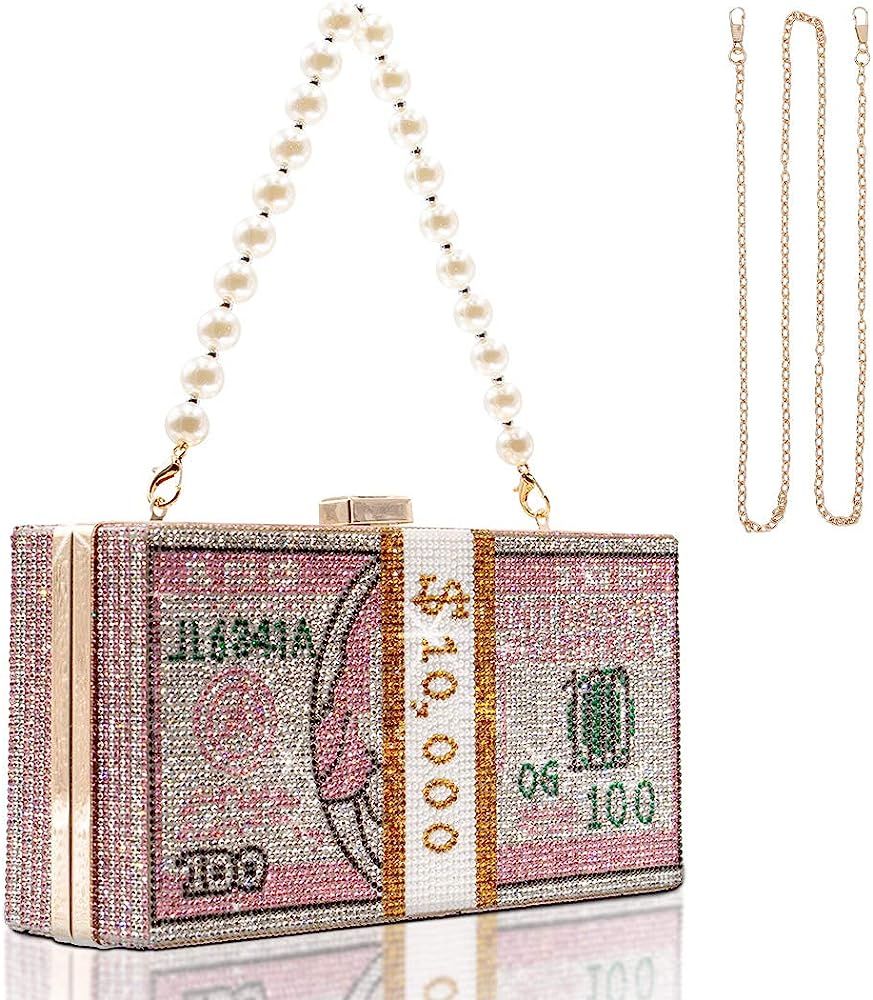 TANOSII Women Stack of Cash Evening Bag Crystal Rhinestone Clutch Money Shoulder Bag Dollar Bill Pur | Amazon (US)