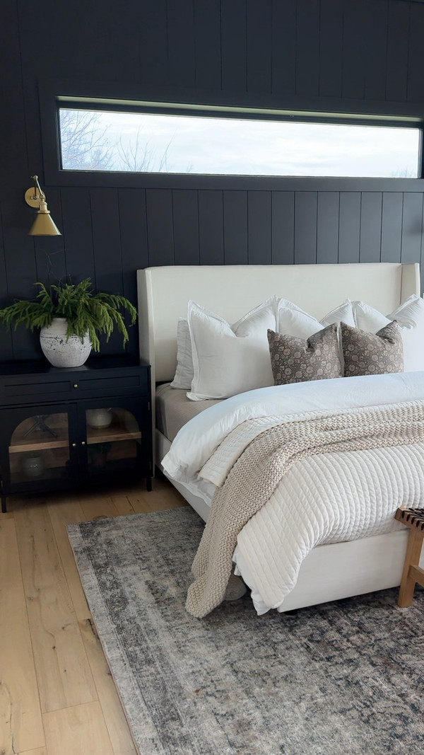 Cozy bedroom vibes this morning featuring Wayfair upholstered bed & rug, target &…
