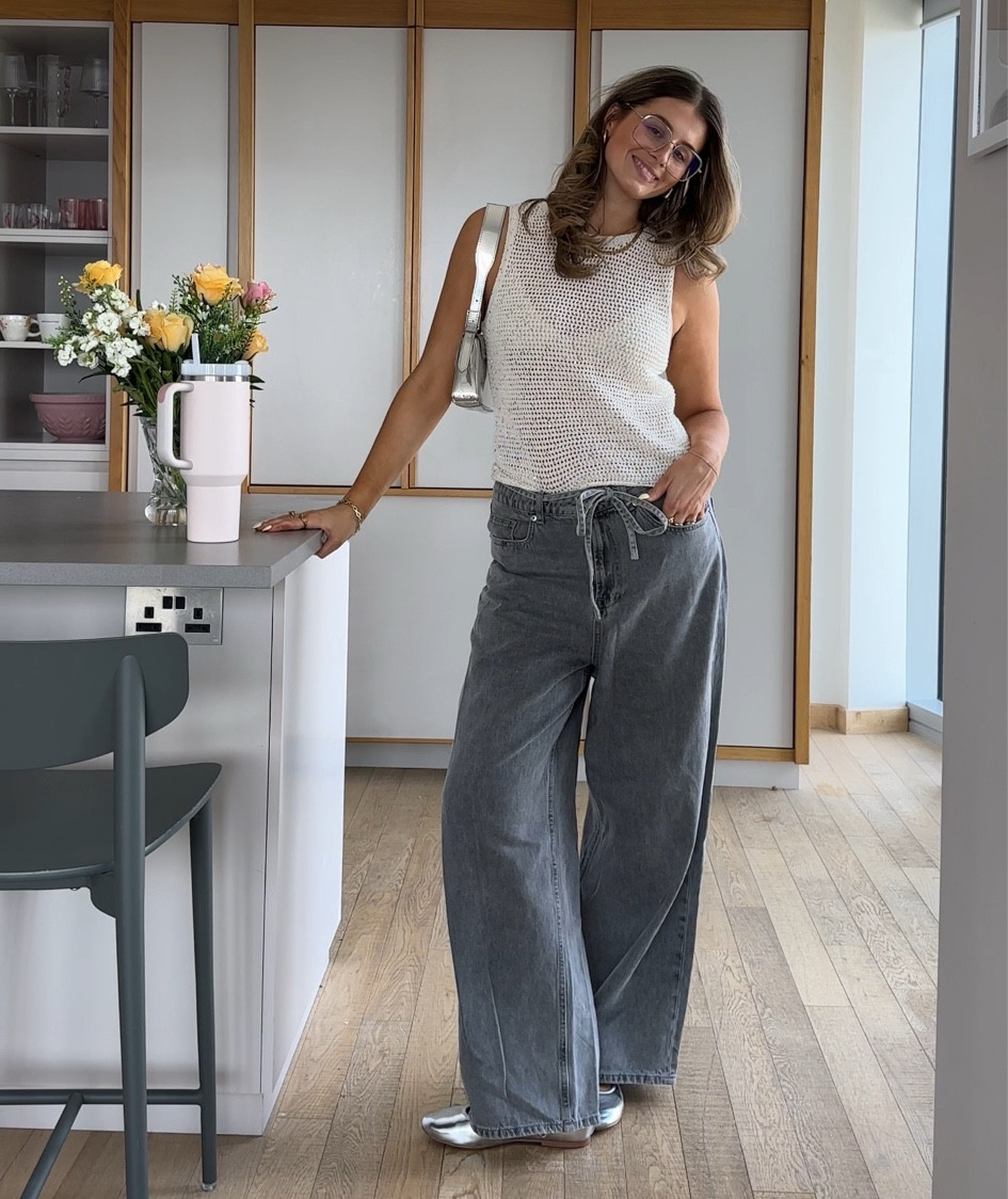 grey wide leg hm tie up jeans washed crochet knit sparkle top na-kd, slip on ballet pump flats metallaic silver, metallic bag shoulder purse bag rectangles gold frames glasses summer date night outfit inspo Abercrombie asos mango 

#LTKsummer #LTKeurope #LTKstyletip