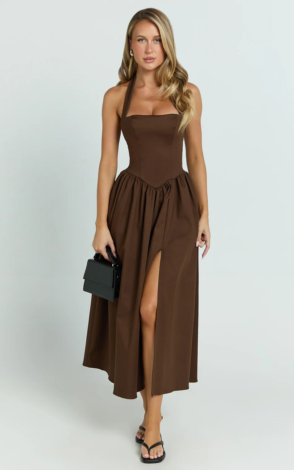 Helda Midi Dress - Halter Tie Neck Corset Panel Dress in Chocolate | Showpo (US, UK & Europe)