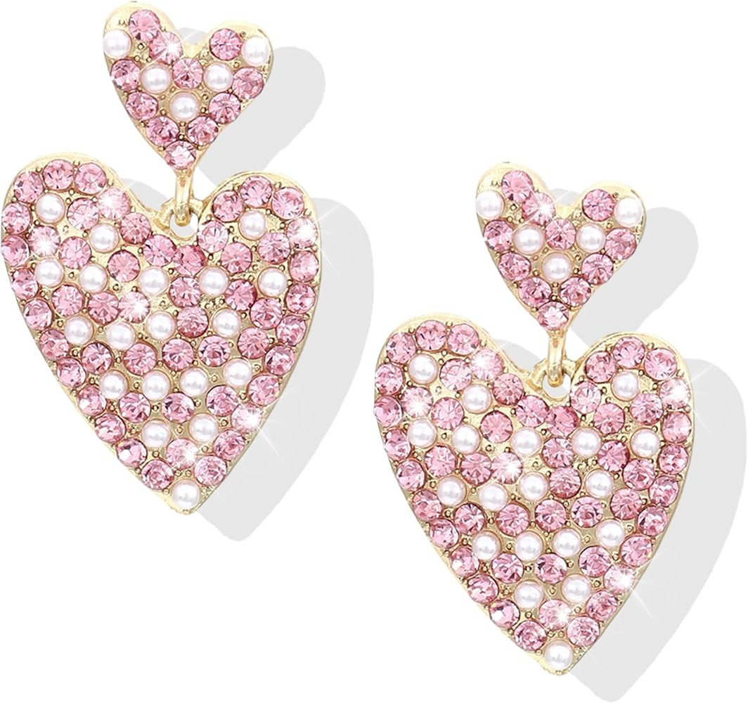 Valentines Day Earrings Red Heart Earrings Valentines Earrings for Women Rhinestone Heart Earring... | Amazon (US)