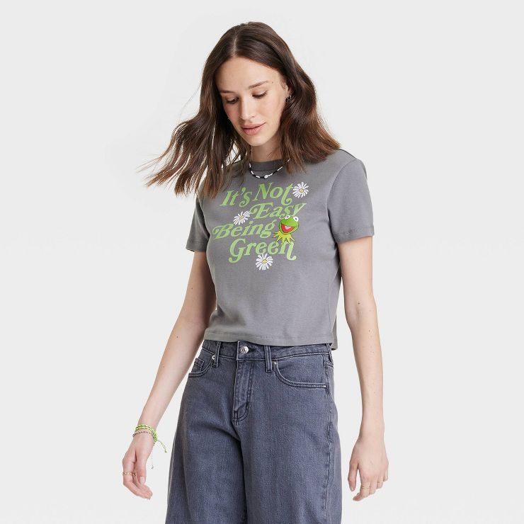 Women's Kermit the Frog Cropped Short Sleeve Graphic T-Shirt - Gray | Target