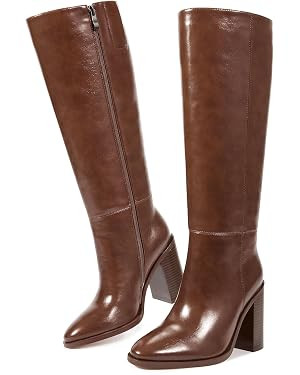 ISNOM Knee High Boots Women Almond Toe Chunky Boots for Women Tall Boots with Full Side Zipper Hi... | Amazon (US)