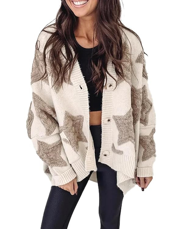 KevaMolly Womens Cardigan Sweater Sherpa Star Pattern Textured Sweater Cardigan with Pockets Casu... | Amazon (US)