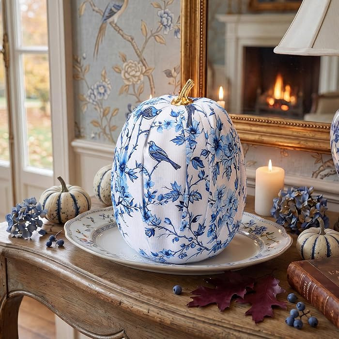 RattanView 1 Pcs Fall Chinoiserie Foam Pumpkins Blue and White Fabric Halloween Jumbo Pumpkins Fa... | Amazon (US)