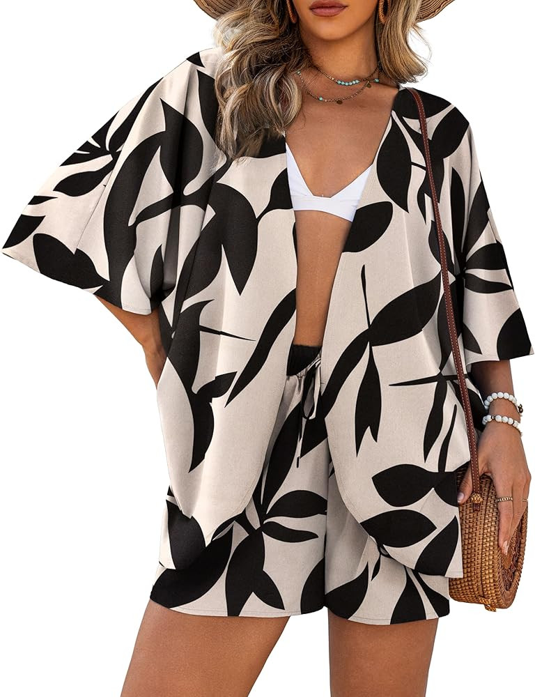 Women's 2 Piece Outfits Kimono Style Tropical Print Cover Ups Half Sleeve Blouse Shorts Set Summe... | Amazon (US)