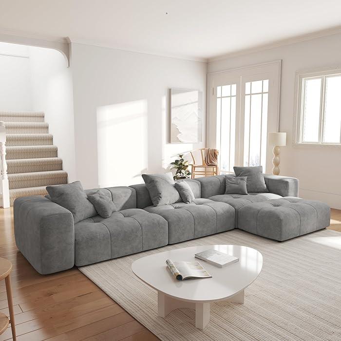 JACH 144.1 Inch L-Shaped Modular Sofas, Modern 3-Seater Couch with Chaise Ottoman, Mid Century Mo... | Amazon (US)