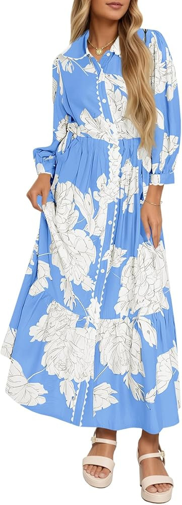Wenrine Womens Maxi Shirt Dress Casual Floral Collared 3/4 Long Sleeve Drawstring Waist Fall Butt... | Amazon (US)