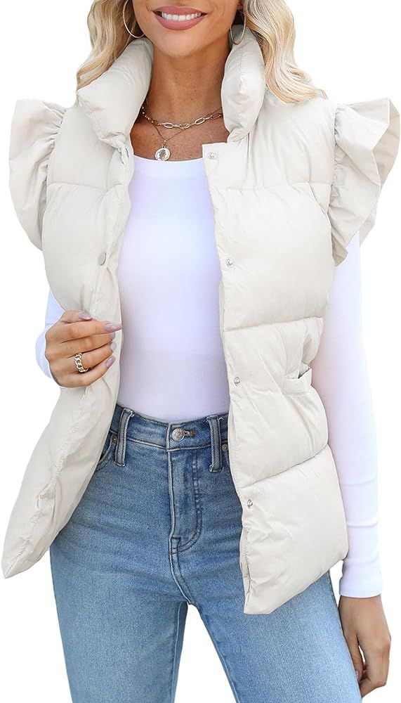 Kedera Women's Ruffle Sleeve Puffy Puffer Vests Winter Button Down Padded Gilet with Pocket | Amazon (US)
