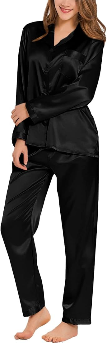 SWOMOG Long Sleeve Pajamas Set Silk Satin Sleepwear Button Down Pjs Loungewear with Pocket | Amazon (US)