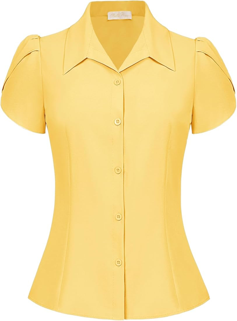 Belle Poque Summer Short Sleeve Button Down Blouse for Women V Neck Vintage Business Casual Shirt... | Amazon (US)