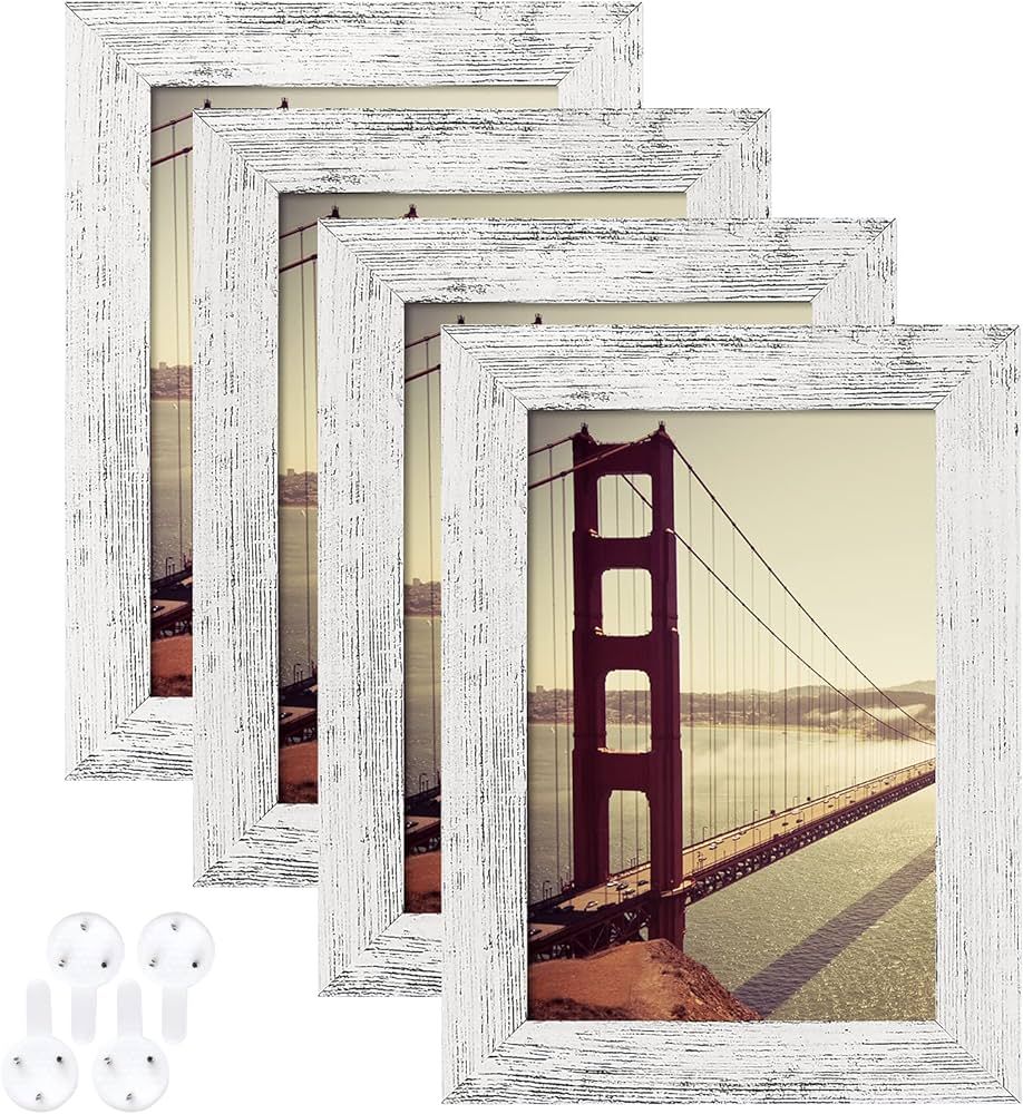 BAIJIALI 4x6 Picture Frame Distressed White Wood Pattern Set of 4 with Tempered Glass,Display Pic... | Amazon (US)