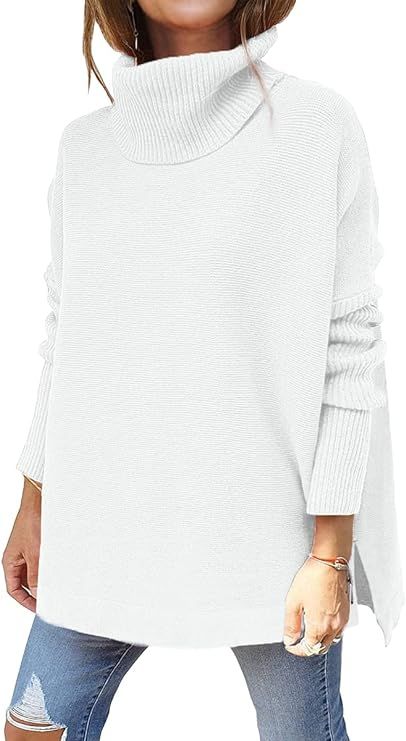 EFAN Women's Turtleneck Fall Sweaters Oversized Long Batwing Sleeve Spilt Hem Casual Asymmetric P... | Amazon (US)